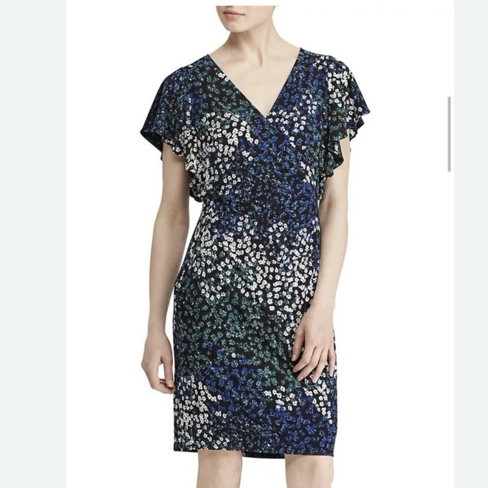 Ralph Lauren Blue Green Ditsy Floral Flutter Sleeve  Stretch Sheath Dress Size 2